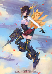 Rule 34 | &gt;:o, 1girl, :o, aircraft, arched back, armor, armored boots, bike shorts, black gloves, black thighhighs, boots, breastplate, breasts, brown eyes, brown hair, clothing cutout, cloud, copyright name, day, fang, felix (felix901123), flying, full body, gloves, gorget, gundam, gundam unicorn, hakama, hakama short skirt, hakama skirt, headband, headgear, holding, holding weapon, japanese clothes, kantai collection, long sleeves, looking at viewer, mechanical wings, midair, miniskirt, parody, petals, pleated skirt, red skirt, ribs, short hair, side cutout, skirt, sky, small breasts, smoke trail, solo focus, taihou (kancolle), thighhighs, unicorn gundam banshee, v-shaped eyebrows, weapon, wings
