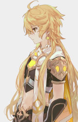 1boy, aether (genshin impact), ahoge, alternate hairstyle, armor, artist name, bangs, blonde hair, cape, csyday, earrings, from side, genshin impact, gloves, gold trim, hair down, highres, jewelry, long hair, looking away, looking down, male focus, midriff, navel, parted lips, profile, scarf, shoulder armor, signature, simple background, solo, stomach, upper body, wavy hair, white background, white scarf, yellow eyes