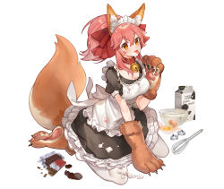 Rule 34 | 1girl, animal ears, animal hands, black dress, blush, bow, breasts, candy, chocolate, chocolate bar, cleavage, commentary request, cream, cream on face, dress, egg, fate/extra, fate/grand order, fate (series), food, food on face, fox ears, fox tail, hair between eyes, hair bow, highres, kneeling, large breasts, long hair, looking at viewer, maid, milk, pink hair, puffy short sleeves, puffy sleeves, ribbon, short sleeves, simple background, solo, tail, tamamo (fate), tamamo cat (fate), tamamo cat (second ascension) (fate), tamamo no mae (fate/extra), tongue, tongue out, white background, yayako (804907150), yellow eyes