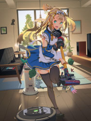 Rule 34 | 1girl, black footwear, blonde hair, blue dress, blurry, blurry background, breasts, brown thighhighs, buttons, cameo, card, cleavage, copyright request, couch, day, depth of field, double-breasted, dress, duel monster, dyson (company), glass door, green eyes, highres, holding, indoors, kizuna ai, kizuna ai inc., kyubey, long hair, mahou shoujo madoka magica, mahou shoujo madoka magica (anime), maid, maid headdress, medium breasts, nintendo switch, open mouth, original, robotic vacuum cleaner, shoes, smile, solo, speaker, standing, standing on one leg, television, thighhighs, vacuum cleaner, vofan, yu-gi-oh!