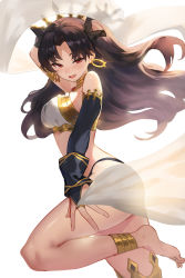 Rule 34 | 1girl, anklet, armlet, asymmetrical legwear, asymmetrical sleeves, bare shoulders, bikini, black bikini, black bow, black hair, blush, bow, breasts, bridal gauntlets, detached collar, detached sleeves, earrings, fate/grand order, fate (series), feet, gold trim, hair bow, highres, hoop earrings, ishtar (fate), jewelry, legs, long hair, looking at viewer, medium breasts, mismatched bikini, neck ring, open mouth, parted bangs, red eyes, seon (seonon ), simple background, single detached sleeve, single thighhigh, smile, solo, swimsuit, thighhighs, tiara, two side up, uneven legwear, uneven sleeves, white background, white bikini