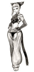 Rule 34 | 1girl, baggy pants, bare shoulders, barefoot, belt, capcom, chaps, crop top, detached sleeves, drill hair, elbow gloves, feet, fingerless gloves, full body, gloves, greyscale, halterneck, han juri, hands on own hips, long image, masn (moxi), midriff, monochrome, navel, pants, short hair, simple background, smile, solo, standing, street fighter, street fighter iv (series), tall image, toes, twin drills, white background