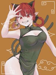 Rule 34 | 1girl, adapted costume, alternate hairstyle, animal ears, bare arms, blush, braid, braided hair rings, breasts, bright pupils, brown background, cat ears, cat tail, cleavage cutout, clothing cutout, commentary request, contrapposto, covered navel, cowboy shot, dress, extra ears, fangs, green dress, grin, hair rings, hand up, highres, kaenbyou rin, long hair, looking at viewer, medium breasts, multiple tails, nekomata, pointy ears, red eyes, red hair, saya marochan, side slit, smile, solo, tail, tail raised, touhou, twin braids, two tails, white pupils