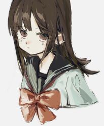 Rule 34 | 1girl, 6nemua, black sailor collar, bow, bowtie, brown hair, closed mouth, cropped torso, highres, long hair, looking at viewer, original, red bow, red bowtie, red eyes, sailor collar, school uniform, serafuku, simple background, single tear, sketch, solo, white background, white serafuku