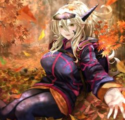Rule 34 | 1girl, artoria pendragon (fate), artoria pendragon (lancer alter) (fate), artoria pendragon (lancer alter) (traveling outfit) (fate), autumn, autumn leaves, backpack, bag, black jacket, black pants, blue horns, breasts, commentary request, eyewear on head, fate/grand order, fate (series), forest, gakuon (gakuto), horns, jacket, large breasts, long hair, looking at viewer, nature, orange shirt, pants, pantyhose, pinecone, platinum blonde hair, shirt, sitting, squirrel, sunglasses, tree, yellow eyes