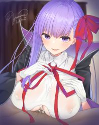 Rule 34 | 1boy, 1girl, asymmetrical hair, bb (fate), bb (fate/extra), black coat, blush, breasts, coat, covered erect nipples, cum, cum in clothes, fate/extra, fate/extra ccc, fate (series), gloves, hair ribbon, highres, large breasts, leotard, long hair, long sleeves, looking at viewer, neck ribbon, nipples, open mouth, paizuri, paizuri under clothes, penis, popped collar, purple eyes, purple hair, red ribbon, ribbon, see-through, signature, smile, very long hair, white gloves, white leotard, yamamura umi
