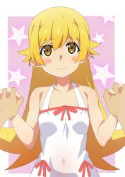 Rule 34 | 1girl, 1other, :3, bare arms, bare shoulders, blonde hair, blush stickers, border, bow, collarbone, dress, dress bow, flat chest, gesugesu ahoaho, holding hands, interlocked fingers, long hair, looking at viewer, monogatari (series), oshino shinobu, outside border, pink background, pink bow, pointy ears, pov, smile, star (symbol), straight-on, sundress, upper body, white border, white dress, yellow eyes