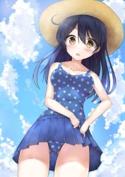 Rule 34 | 10s, 1girl, ahoge, bad id, bad pixiv id, black hair, breasts, gradient background, hat, kantai collection, long hair, polka dot, polka dot swimsuit, rong yi tan, skirt, solo, swimsuit, ushio (kancolle)