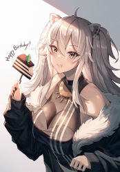 Rule 34 | 1girl, absurdres, ahoge, animal ears, bare shoulders, black nails, breasts, cake, cleavage, eating, food, fork, fur-trimmed jacket, fur trim, grey eyes, grey hair, hair between eyes, happy birthday, highres, hololive, huge filesize, jacket, jewelry, large breasts, lion ears, lion girl, long hair, long sleeves, looking at viewer, mazel (mazel star), nail polish, necklace, see-through, see-through cleavage, shirt, shishiro botan, shishiro botan (1st costume), simple background, solo, virtual youtuber, wavy mouth, white background