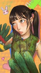 Rule 34 | 1girl, blush, brown eyes, brown hair, c chrill, camouflage, camouflage shirt, character name, collared shirt, distortion, gloves, green gloves, hair behind ear, heart, highres, long hair, looking up, maya (xg), open hands, real life, red lips, shirt, sleeveless, sleeveless shirt, solo, striped clothes, striped shirt, twintails, upper body, xg (group)
