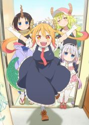 Rule 34 | 4girls, :d, blunt bangs, elma (maidragon), fisheye, head tilt, highres, horns, indoors, kanna kamui, key visual, kobayashi-san chi no maidragon, large tail, looking at viewer, lucoa (maidragon), maid, multiple girls, official art, open mouth, outstretched arms, promotional art, running towards viewer, smile, tail, teeth, textless version, thighhighs, tohru (maidragon), upper teeth only