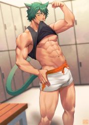 Rule 34 | 1boy, abs, animal ears, bara, biceps, blurry, blurry background, blush, bulge, cat ears, cat tail, clothes lift, flexing, green hair, locker, locker room, looking at viewer, male focus, manly, muscular, muscular male, navel, nipples, original, pectorals, shirt lift, short hair, shorts, solo, spiked hair, tail, tank top, thick arms, thick eyebrows, thick thighs, thighs, veins, veiny arms, zink (zink mchn)