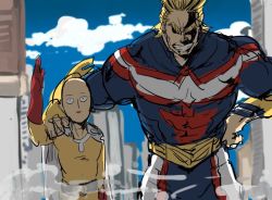 Rule 34 | 10s, 2boys, abs, all might, bald, belt, blonde hair, blue sky, bodysuit, boku no hero academia, building, cape, cloud, covered navel, crossover, day, facing viewer, gloves, grin, hand on another&#039;s shoulder, hand on own hip, looking at viewer, male focus, manly, multiple boys, muscular, one-punch man, outdoors, parted lips, saitama (one-punch man), shaded face, size difference, sky, smile, smoke, standing, superhero costume, teeth, waving, yagi toshinori