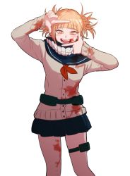 Rule 34 | 10s, 1girl, blonde hair, blood, blood on clothes, blood on face, blunt bangs, blush, boku no hero academia, cardigan, double bun, fangs, hair bun, half-closed eyes, imjayu, long sleeves, looking at viewer, pleated skirt, scarf, school uniform, serafuku, simple background, skirt, smile, solo, teeth, thigh strap, toga himiko, white background, yandere trance, yellow eyes