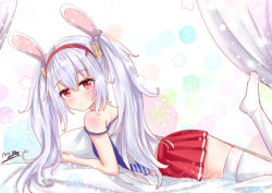 Rule 34 | 1girl, animal ears, azur lane, bed, bed sheet, commentary request, curtains, eyes visible through hair, fake animal ears, from side, head tilt, laffey (azur lane), long hair, looking at viewer, looking to the side, lying, m ko (maxft2), midriff peek, on stomach, pleated skirt, rabbit ears, red eyes, red skirt, sidelocks, signature, skirt, solo, thighhighs, thighs, twintails, white hair, white thighhighs