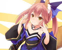 Rule 34 | 1girl, aged down, animal ear fluff, animal ears, blue bow, blue kimono, bow, detached sleeves, fate/extra, fate/grand order, fate (series), fox ears, fox girl, fox tail, hair bow, haryuu (poetto), highres, japanese clothes, kimono, pink hair, smile, solo, tail, tamamo (fate), tamamo no mae (fate/extra), twintails, wide sleeves, yellow eyes