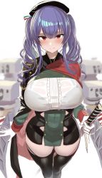 Rule 34 | 1girl, azur lane, beret, black footwear, blush, boots, bra, bra visible through clothes, breasts, cape, dress, gloves, greatmosu, hat, highres, holding, holding sword, holding weapon, large breasts, long hair, looking at viewer, pola (azur lane), purple hair, red eyes, see-through, sheath, sheathed, simple background, skindentation, smile, solo, standing, sword, taut clothes, taut dress, thigh boots, thighhighs, twintails, underwear, weapon, white background, white gloves