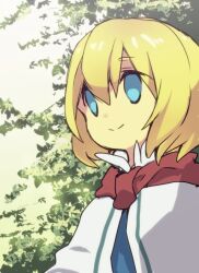 Rule 34 | 1girl, alice margatroid, blonde hair, blue dress, blue eyes, capelet, closed mouth, commentary, cookie (touhou), dress, hair between eyes, leaf, looking afar, nahori (hotbeans), red scarf, scarf, short hair, smile, solo, touhou, tree, upper body, web (cookie), white capelet