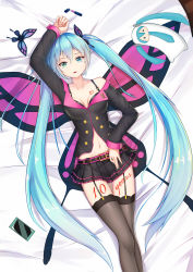 Rule 34 | 1girl, absurdres, animal print, aqua eyes, aqua hair, bed sheet, belt, belt skirt, black thighhighs, body writing, bra, breasts, butterfly print, butterfly wings, cellphone, cleavage, cosmetics, garter straps, hatsune miku, highres, insect wings, jacket, lipstick, lipstick tube, long hair, looking at viewer, lying, makeup, medium breasts, midriff peek, miniskirt, navel, on back, open mouth, phone, skirt, smartphone, solo, stuffed toy, thighhighs, twintails, underwear, very long hair, vocaloid, wings, zuiai gongzhu dianxia