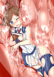 Rule 34 | 1girl, ascot, blue eyes, blue thighhighs, blush, book, brown hair, castlevania (series), castlevania: portrait of ruin, charlotte aulin, dissolving clothes, dress, female focus, highres, inside creature, mos yen, one eye closed, open mouth, solo, thighhighs, torn clothes, torn thighhighs, vore, wet