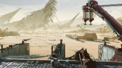 Rule 34 | arknights, arknights: endfield, box, broken, commentary, company name, concept art, conveyor belt, copyright notice, crane (machine), damaged, desert, english commentary, highres, no humans, official art, outdoors, pipeline, sand, scenery, watermark