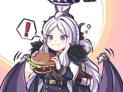 Rule 34 | !, 1girl, :t, armband, belt, black coat, blue archive, burger, coat, coat on shoulders, commentary request, demon girl, demon horns, demon wings, eating, food, food on face, forehead, fur-trimmed coat, fur trim, hair ornament, hair ribbon, hairclip, half updo, halo, happy, highres, hina (blue archive), holding, holding burger, holding food, horns, long hair, long sleeves, looking at viewer, open clothes, open coat, parted bangs, purple eyes, red armband, ribbon, sam browne belt, sidelocks, simple background, solo, spoken exclamation mark, surprised, two-tone background, wavy hair, white hair, wings, yukimi unagi