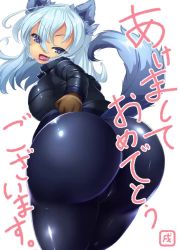 Rule 34 | 1girl, animal ears, animated, ass, ass shake, blue eyes, blue hair, cameltoe, fang, fox ears, fox girl, fox tail, from behind, gloves, heavy breathing, highres, huge ass, jacket, live2d, long hair, looking at viewer, looking back, naughty face, open mouth, original, pants, skin tight, smile, solo, tacchon, tail, tight clothes, tight pants, tongue, tongue out, video, white background