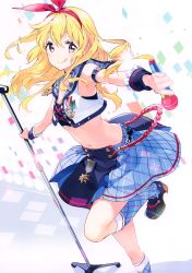 Rule 34 | 1girl, :q, absurdres, aikatsu!, aikatsu! (series), arm belt, armpits, bandeau, bare shoulders, blonde hair, blue socks, blue skirt, breasts, choker, cleavage, crop top, hair ribbon, highres, holding, holding microphone, holding microphone stand, hoshimiya ichigo, idol, kneehighs, leg up, long hair, looking at viewer, medal, microphone, microphone stand, midriff, miniskirt, motion blur, navel, outstretched arms, pink eyes, plaid, ribbon, sailor collar, scan, shoes, sidelocks, skirt, small breasts, smile, socks, solo, standing, standing on one leg, tiv, tongue, tongue out, vest, wrist cuffs