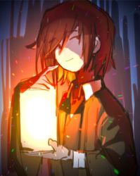 Rule 34 | 1boy, black vest, brown eyes, brown hair, chinese commentary, closed mouth, collared shirt, commentary request, green jacket, harada mutei, holding, holding lantern, jacket, lantern, long sleeves, male focus, open clothes, open jacket, qing jiyue yong shui, saibou shinkyoku, shirt, sketch, smile, solo, upper body, vest, white shirt