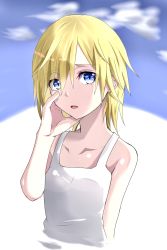 Rule 34 | 1girl, bare shoulders, blonde hair, blue eyes, breasts, cloud, collarbone, dande cat, dress, highres, kingdom hearts, kingdom hearts ii, long hair, looking at viewer, namine, open mouth, solo, white dress