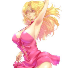 Rule 34 | 00s, 1girl, alternate costume, arm up, armpits, bleach, blonde hair, breasts, dress, female focus, hairu, holding, large breasts, lips, long hair, matsumoto rangiku, mole, mole under mouth, pink dress, pink skirt, simple background, skirt, solo, standing, sunglasses, white background