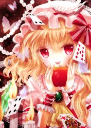 Rule 34 | 1girl, apple, blonde hair, brooch, bug, butterfly, candle, card, fang, female focus, fire, flandre scarlet, food, fruit, hat, highres, bug, jewelry, playing card, red eyes, short hair, side ponytail, solo, embodiment of scarlet devil, touhou, wings, wrist cuffs, yuki 201