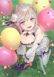 1girl absurdres balloon bare_shoulders braid breasts cleavage confetti crown_braid dress emilia_(re:zero) flower frills from_above gem grass hair_flower hair_ornament highres long_hair looking_at_viewer open_mouth purple_eyes re:zero_kara_hajimeru_isekai_seikatsu ribbon rose silver_hair smile solo thighhighs white_dress white_flower white_rose yuzouni