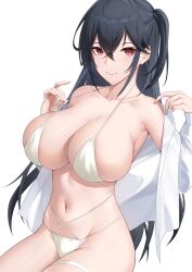 Rule 34 | 1girl, absurdres, azur lane, bare shoulders, bikini, black hair, breasts, closed mouth, collarbone, hair between eyes, highres, large breasts, long hair, looking at viewer, navel, official alternate costume, one side up, red eyes, simple background, skindentation, smile, solo, swimsuit, taihou (azur lane), taihou (seaside daydreams) (azur lane), very long hair, white background, white bikini, yomi1221