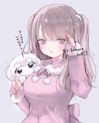 Rule 34 | 1girl, blush, breasts, brown hair, collared dress, dress, fur-trimmed dress, fur trim, grey background, hair ornament, hairclip, hand up, highres, holding, holding stuffed toy, long hair, long sleeves, looking at viewer, neck ribbon, open mouth, original, pink dress, pink eyes, pom pom (clothes), rabbit hair ornament, ribbon, solo, stuffed toy, twintails, twitter username, x hair ornament, yukari (rihenara doll)