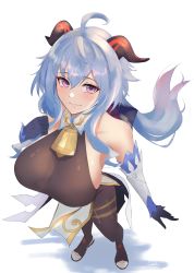 Rule 34 | absurdres, bare shoulders, bell, black pantyhose, blue hair, bodysuit, breasts, cowbell, detached sleeves, elbow gloves, from above, ganyu (genshin impact), genshin impact, gloves, highres, horns, kasumi saika, large breasts, looking at viewer, oni horns, pantyhose, perspective, pink eyes, skindentation, solo, standing