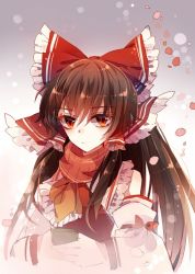 Rule 34 | 1girl, ascot, bad id, bad pixiv id, baocaizi, bow, brown hair, closed mouth, cup, detached sleeves, drinking glass, frills, hair bow, hair tubes, hakurei reimu, holding, holding cup, holding drinking glass, japanese clothes, long hair, long sleeves, looking at viewer, miko, one-hour drawing challenge, red bow, red eyes, red scarf, scarf, sidelocks, solo, touhou, upper body, wide sleeves, yunomi