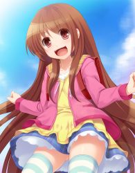 Rule 34 | 1girl, :d, backpack, bag, blush, brown eyes, brown hair, from below, highres, long hair, open mouth, original, plaid, plaid skirt, skirt, smile, solo, sorano (12gou), striped clothes, striped thighhighs, thighhighs