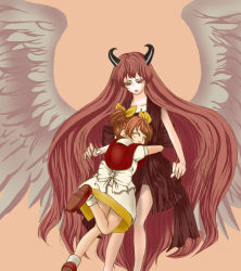 Rule 34 | 1213kame, 2girls, akura (arc the lad), arc the lad, choko (arc the lad), closed eyes, dress, female focus, horns, long hair, multiple girls, red eyes, red hair, ribbon, short twintails, simple background, twintails, very long hair, wings, yellow ribbon