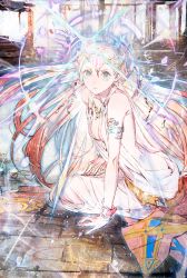 Rule 34 | 1girl, bare shoulders, blonde hair, blue eyes, bracelet, breasts, chain chronicle, circlet, cleavage, collarbone, dress, forehead jewel, hair ornament, jewelry, large breasts, long hair, looking at viewer, official art, sita (chain chronicle), sitting, solo, toi8