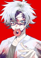Rule 34 | 1boy, blood, blood on clothes, blood on face, blue eyes, chinese commentary, commentary request, doughnut, food, food in mouth, glasses, grey shirt, hand up, highres, kanou aogu, lab coat, male focus, muyan-sqy, open clothes, portrait, rectangular eyewear, red background, saibou shinkyoku, semi-rimless eyewear, shirt, short hair, simple background, smile, solo, white hair