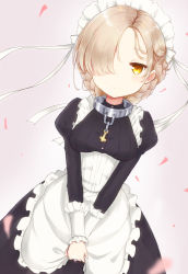 Rule 34 | 1girl, alternate costume, azur lane, bad id, bad pixiv id, breasts, chain, coraman, enmaided, highres, jewelry, looking at viewer, maid, ornate ring, petals, platinum blonde hair, ring, sheffield (azur lane), simple background, solo, wedding ring, yellow eyes
