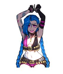 Rule 34 | 1girl, arm tattoo, armpits, artist name, asymmetrical bangs, bare shoulders, blue hair, blushyspicy, braid, breasts, bullet necklace, chain, cloud tattoo, collarbone, english text, fingerless gloves, gloves, jinx (league of legends), league of legends, long hair, looking at viewer, navel, pink eyes, pink shorts, short shorts, shorts, shoulder tattoo, small breasts, smile, solo, stomach, sweatdrop, tattoo, teeth, transparent background, twin braids, twintails