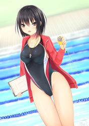 Rule 34 | 1girl, black hair, blush, breasts, clipboard, competition swimsuit, d:, highres, jacket, kurokami (kurokaminohito), lane line, looking at viewer, one-piece swimsuit, open mouth, open jacket, original, poolside, short hair, solo, standing, stopwatch, swimsuit, track jacket, watch, yellow eyes