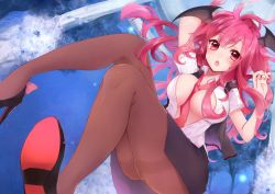 Rule 34 | 1girl, arms up, between breasts, blouse, blush, breasts, brown pantyhose, hair between eyes, head wings, high heels, koakuma, large breasts, natsuki (ukiwakudasai), necktie, necktie between breasts, open clothes, open mouth, open shirt, pantyhose, red eyes, red hair, red necktie, shirt, skirt, solo, thighs, touhou, white shirt, wings