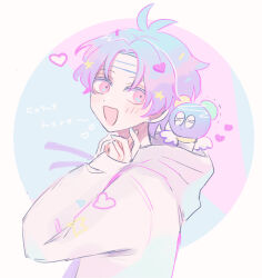 Rule 34 | 1boy, blue hair, blush, cookie run, english text, happy, heart, highres, humanization, looking at viewer, male focus, mamimumemo, microphone, multicolored hair, open mouth, personification, popping candy cookie, purple hair, smile, solo, two-tone hair