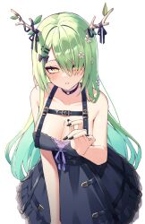 Rule 34 | 1girl, antlers, belt, black belt, black bow, black dress, black nails, bow, breasts, ceres fauna, ceres fauna (goth), cleavage, collarbone, dress, flower, green hair, hair bow, hair flower, hair ornament, hair over one eye, hairclip, highres, hololive, hololive english, horns, large breasts, long hair, looking at viewer, nail polish, official alternate costume, parted lips, seion, simple background, solo, tree horns, virtual youtuber, white background, white flower, yellow eyes