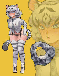 Rule 34 | 10s, 1girl, aakira, animal ear fluff, animal ears, black hair, blue eyes, blush, boots, breasts, cat ears, cat tail, elbow gloves, female pubic hair, full body, garter belt, garter straps, gloves, kemono friends, large breasts, leaning forward, legs together, looking at viewer, multicolored hair, necktie, panties, panty pull, plaid, plaid necktie, plaid neckwear, plaid skirt, pubic hair, pubic hair peek, shirt, short hair, skirt, unworn skirt, solo, standing, tail, thick thighs, thighhighs, thighs, tiger ears, tiger tail, underwear, white hair, white tiger (kemono friends), white tiger print, zoom layer