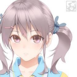 Rule 34 | 1girl, aoi sora (pairan), blush, brown eyes, brown hair, gym uniform, hair ornament, hairclip, looking at viewer, original, pairan, parted lips, portrait, short hair, simple background, solo, tears, twintails, white background