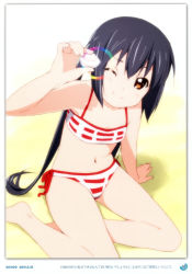 Rule 34 | 1girl, absurdres, arm support, barefoot, bikini, black hair, closed mouth, collarbone, errant, errants one hundred days of summer, female focus, highres, k-on!, long hair, nakano azusa, navel, orange eyes, smile, solo, straight hair, swimsuit, twintails, wink